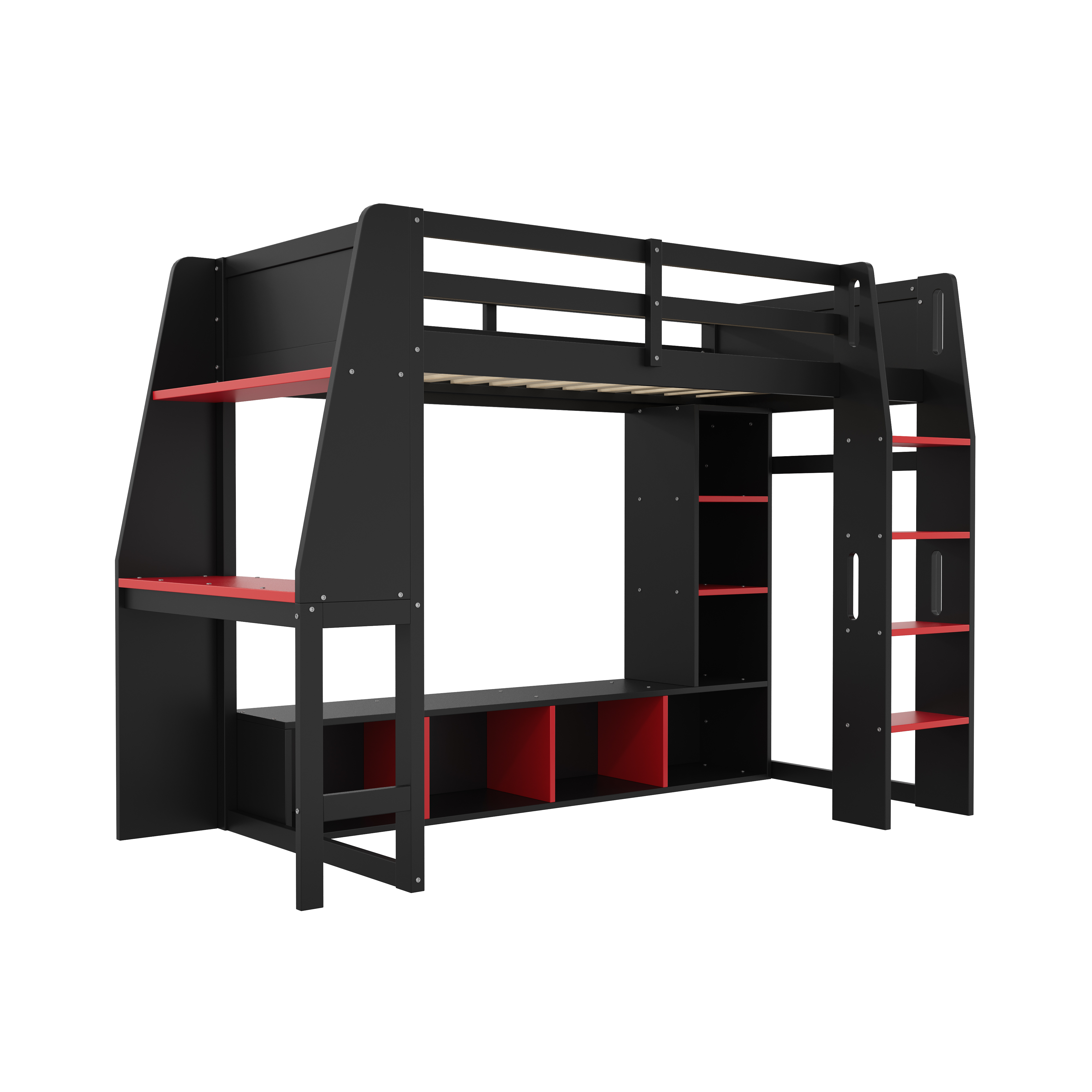 Euroco Modern Wood Twin Size Loft Bed with Desk and Clothes Hanger, Gaming Bed with Shelves and LED Light for Kids Teens, Black