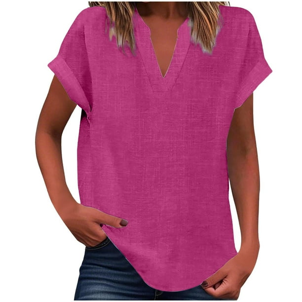 Vestidos Casuales Para Mujer, Blusas De Mujer De Moda Suéter de mujer de color liso de imitación de lino y lino con hombros descubiertos y cuello en V de manga corta a la moda