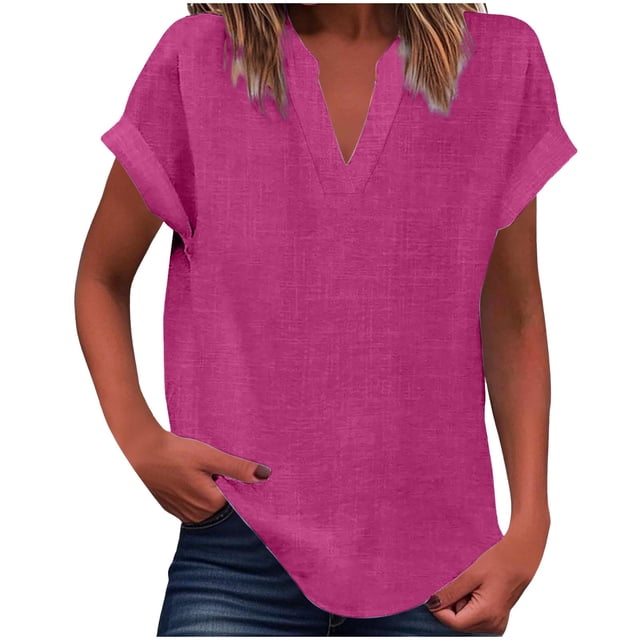 Vestidos Casuales Para Mujer, Blusas De Mujer De Moda Suéter de mujer de color liso de imitación de lino y lino con hombros descubiertos y cuello en V de manga corta a la moda