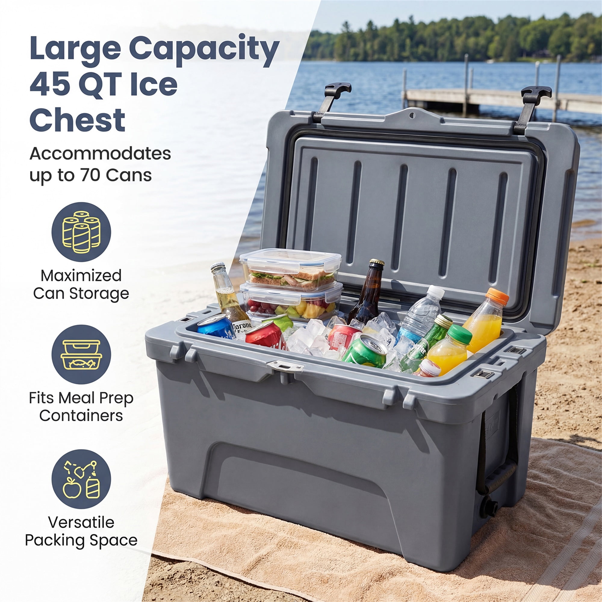 ELLEGNT 45 Quart Hard Cooler - Portable Ice Chest, 6‑Day Ice Retention, Gray