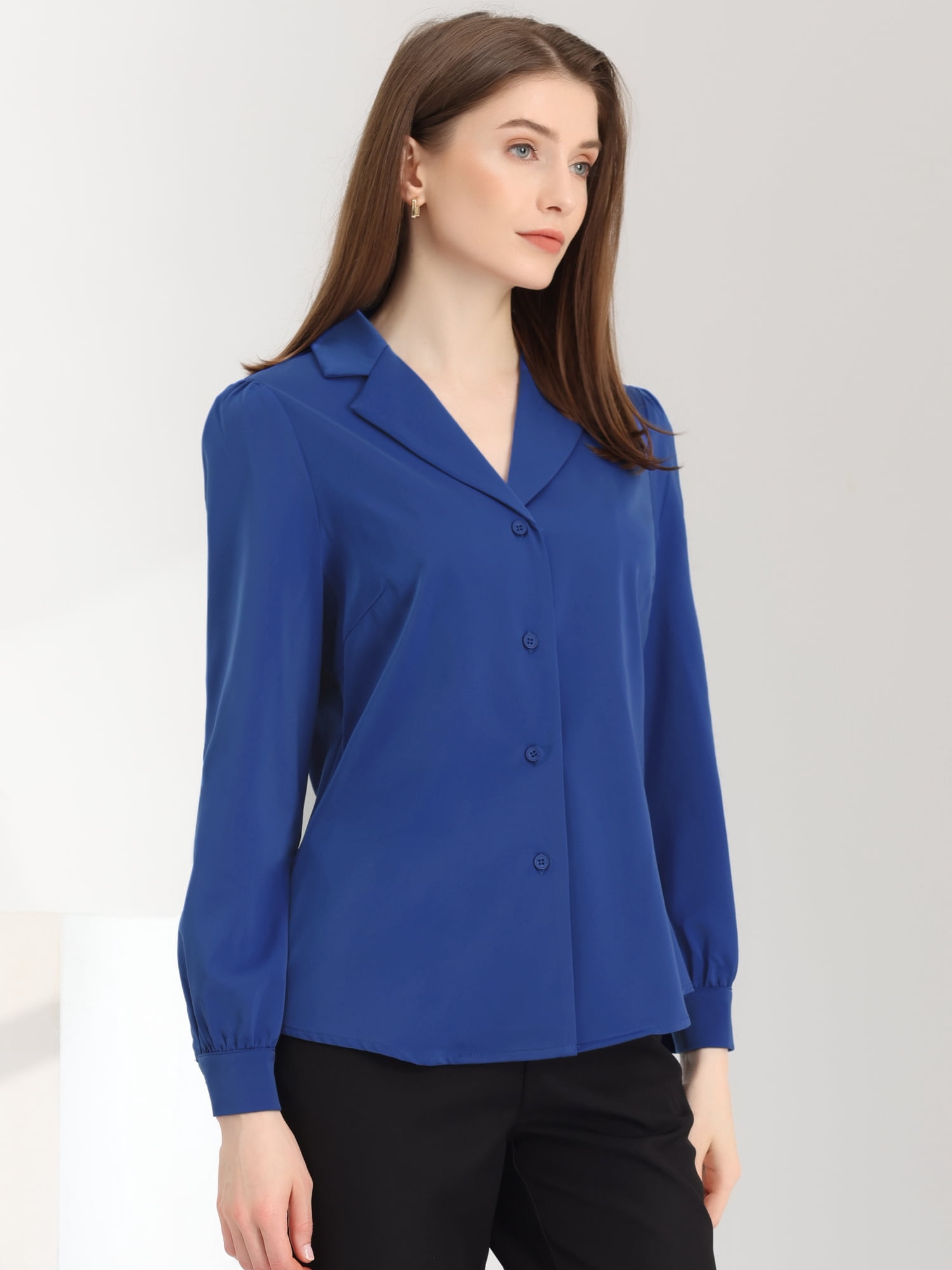 DARING DIVA Women's Flat Collar Button Down Office Satin Shirt S Royal Blue