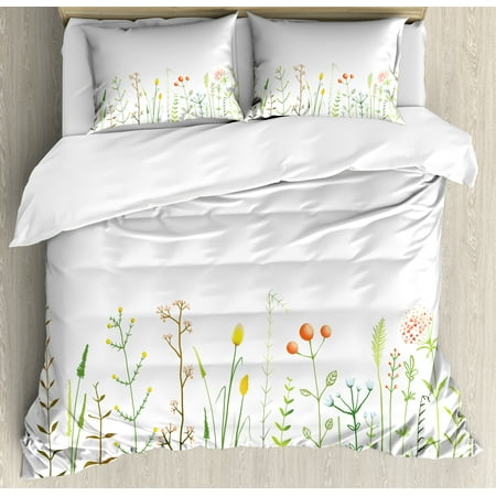 Nature Bedding Sets Green Flower Duvet Cover Set, Grass Pattern Nature Illustration Wildlife Scene Rustic Lifestyle Elements, Decorative Bedding Set with Pillow Shams, Multicolor, by Ambesonne ()