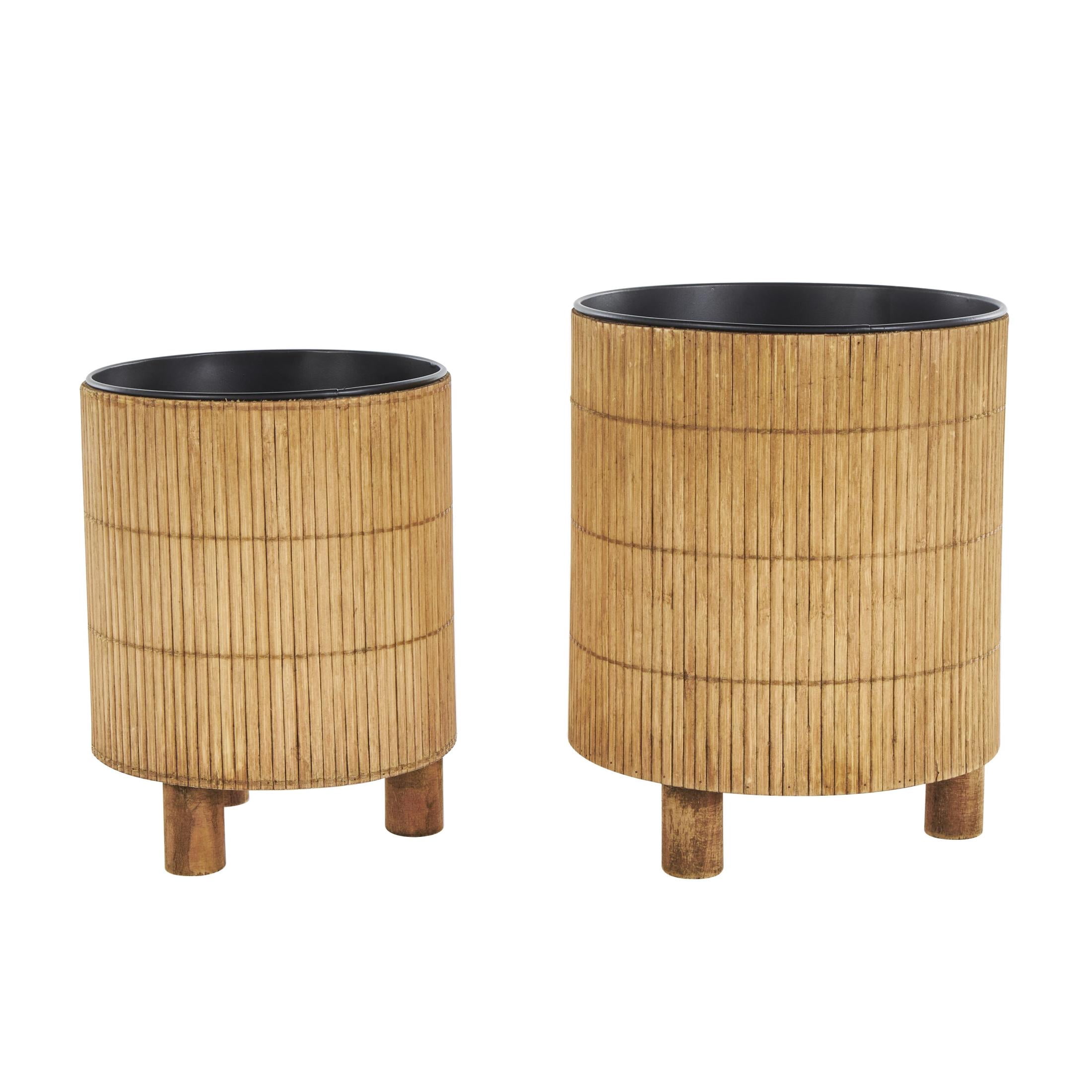 DecMode 9", 8"H Handmade Brown Bamboo Wood Planter with Black Metal Interior (2 Count)