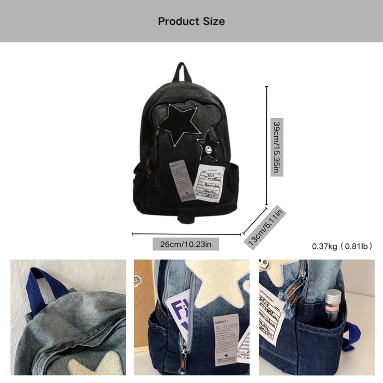 Vintage Y2K Grunge Denim Backpack with Star Pattern, Gothic Punk