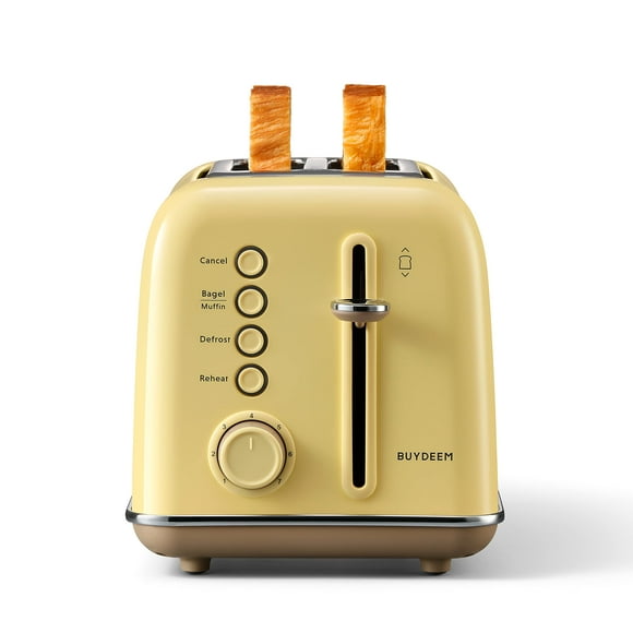 BUYDEEM DT620 Tostadora de 2 rebanadas, ranuras extra anchas, acero inoxidable retro con palanca de elevación alta, función de bagel y muffin, bandeja para migas extraíble, ajustes de 7 tonos, amarill
