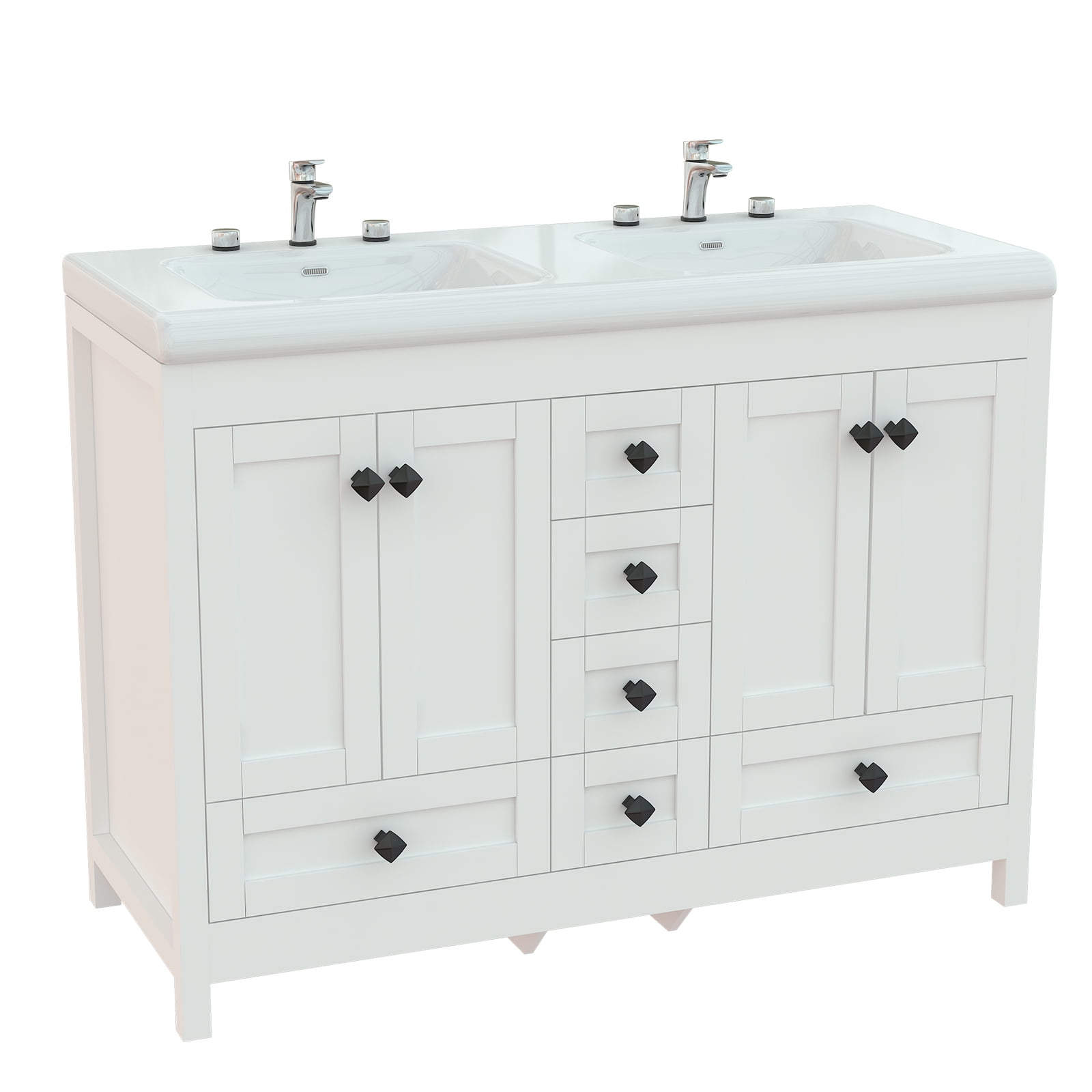 47'' White Bathroom Vanity with Double Ceramic Sink Freestanding Storage Cabinet with 6 Drawers