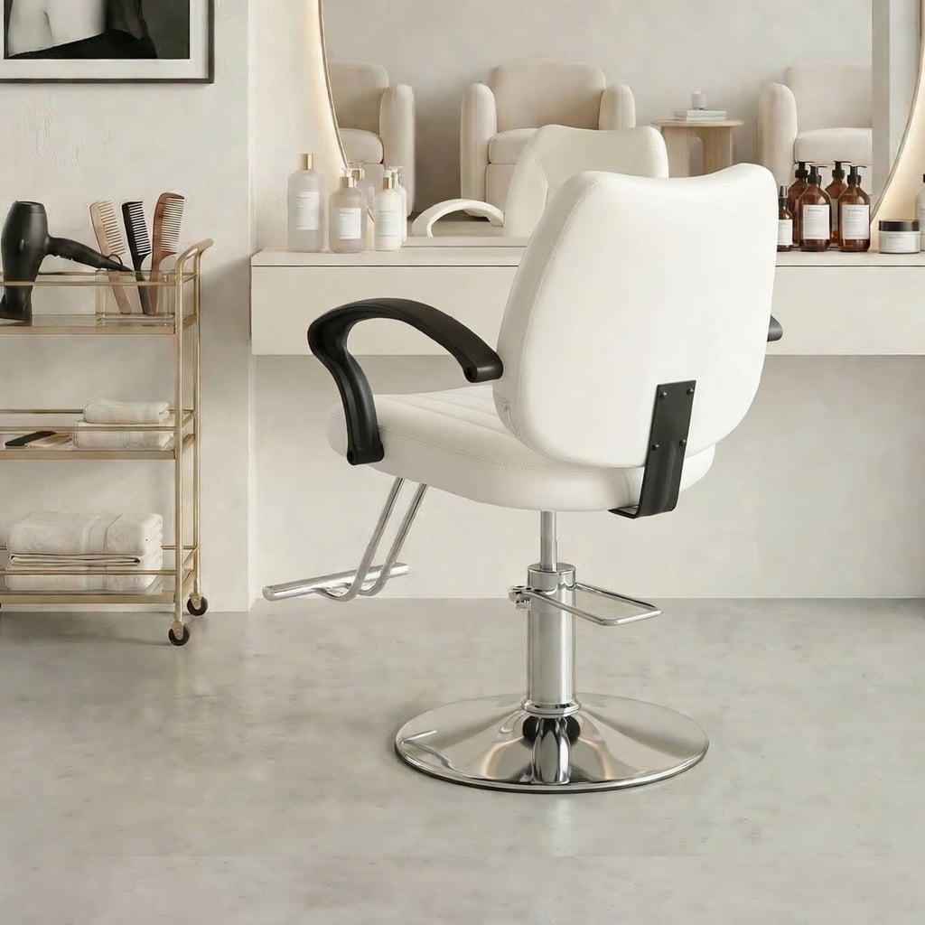 Hydraulic Barber Styling Chair with 360-Degree Swivel and Chrome Base, Heavy-Duty Beauty Salon Chair with PU Leather Upholstery, White