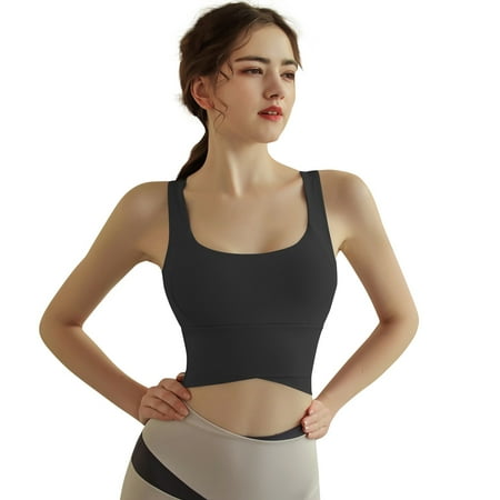 MGCWSH Sports Bra for Women with Removable Padded Sexy Criss Cross Back Strappy Yoga Bras Workout Tank Tops Black