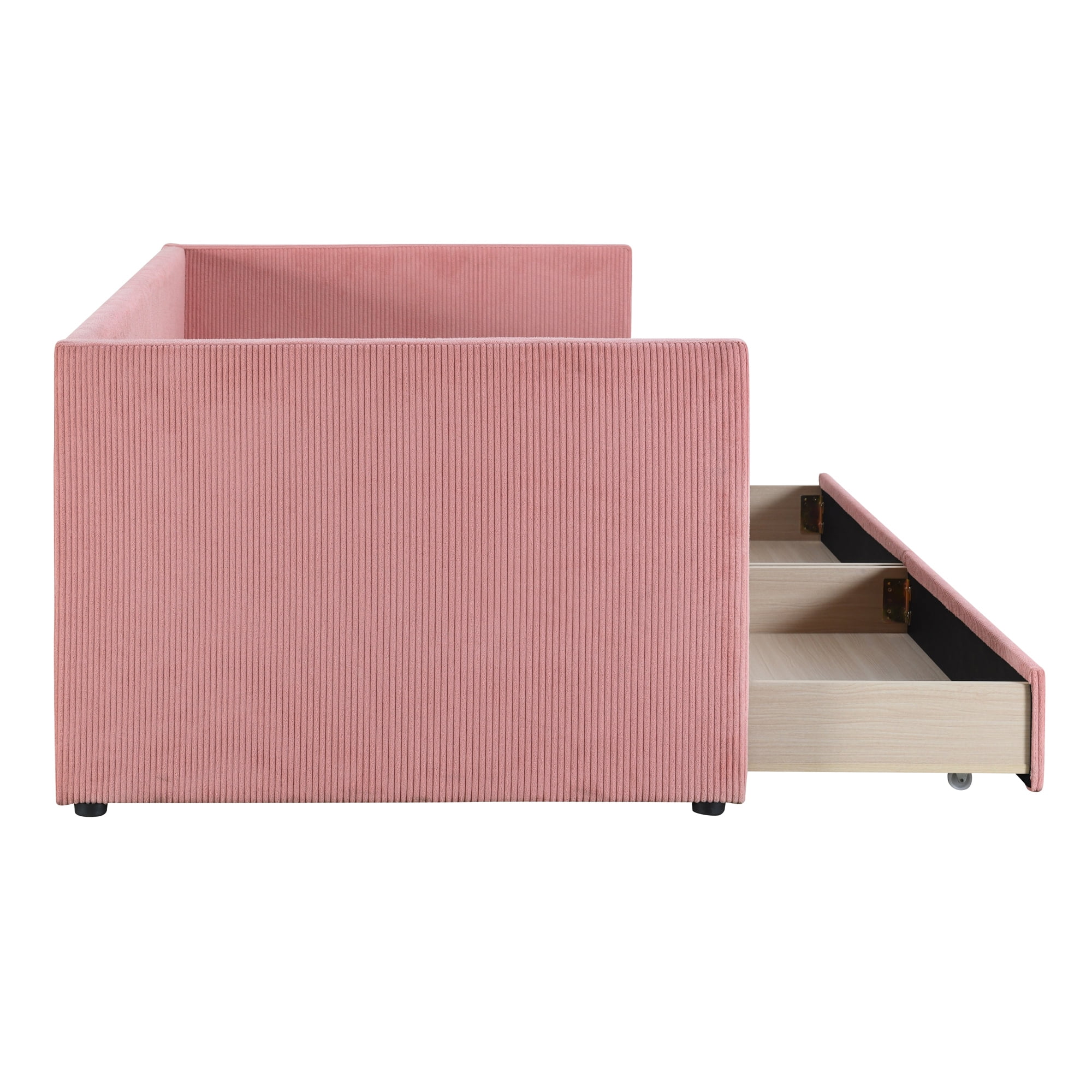 Modern Twin Size Upholstered Daybed with 2 Storage Drawers, Corduroy Fabric Daybed Sofa Bed Frame with Armrests and Wood Slat Support for Bedroom Living Room,Pink