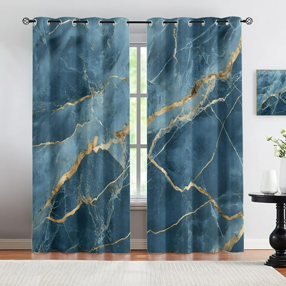 Royal Blue Marble Living Room Curtains Abstract Blue Window Drapes, Gold Texture Abstract Room Divider Curtain Living Room Decor 52"W x 63"L (Pack of 2)