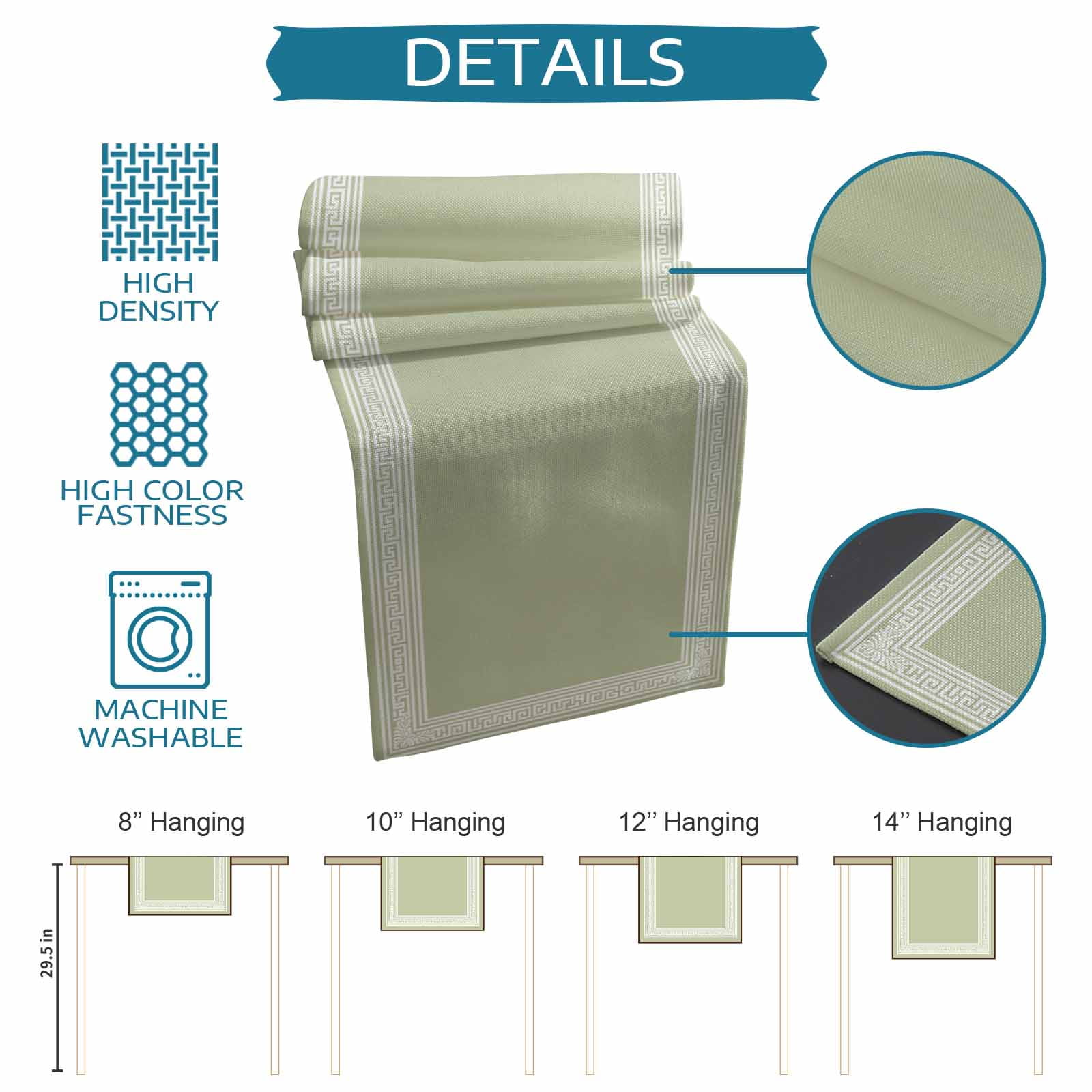 Sage Green Greek Key Table Runner 72 Inches, Geometric Greece Ancient Farmhouse Geo Bed Runner Dresser Scarves Tabletop for Indoor Outdoor Parties/Ceremony/Banquet, 13" x 72"