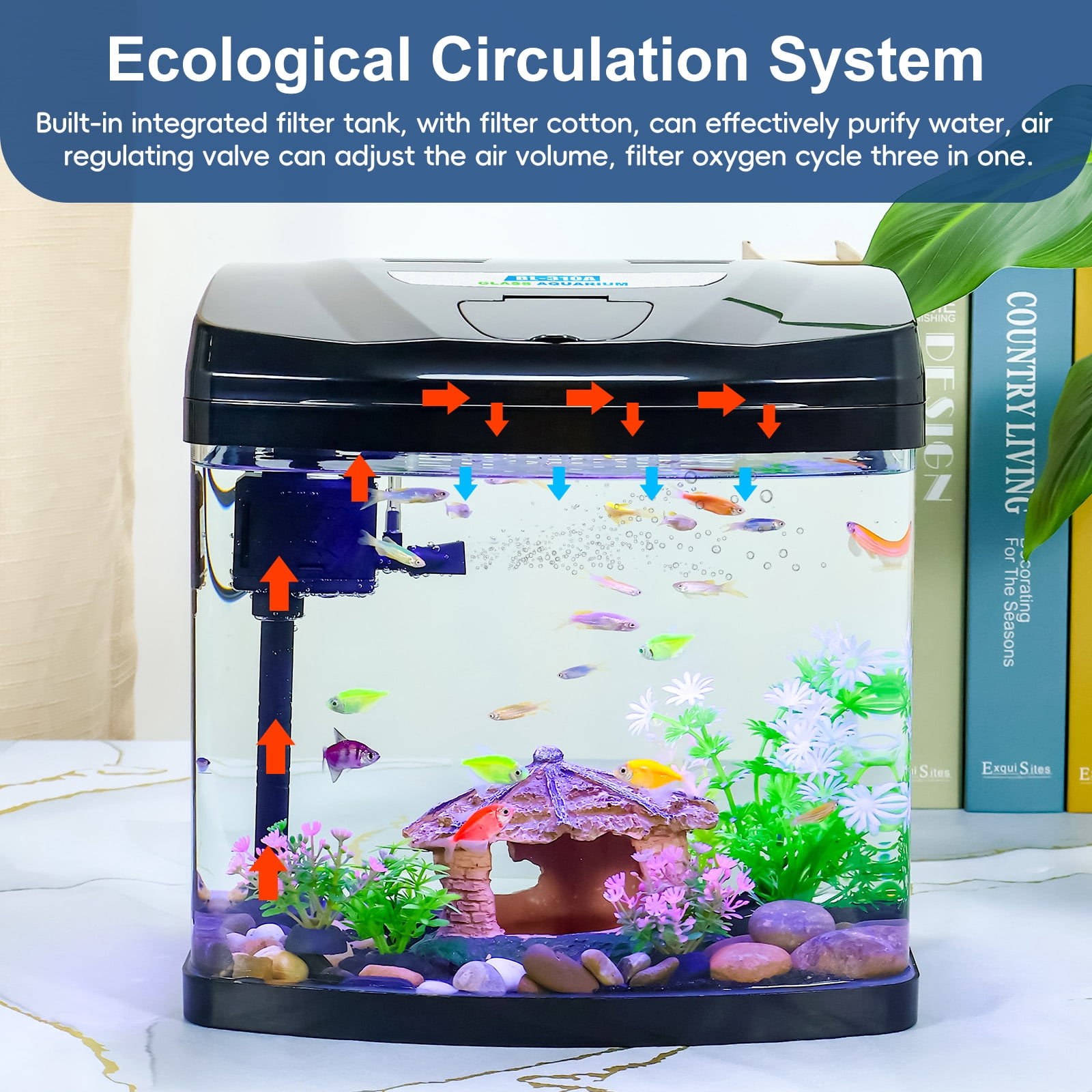 3 Gallon Betta Fish Tank Kit with Eco-Cycle Filtration & LED Lighting – Glass Aquarium Featuring Flip-Top Feeding Port, 360° Clear View, Air Pump, and Integrated Filter