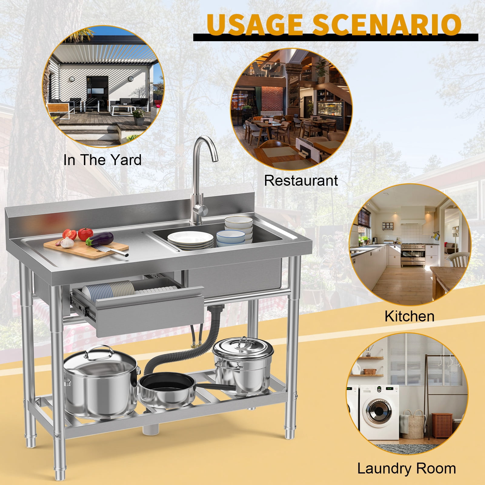 Thehsnt 39-Inch Stainless Steel Sink with Drawer & Shelf – Free Standing Utility Sink with Hot/Cold Faucet for Kitchen, Laundry, Outdoor