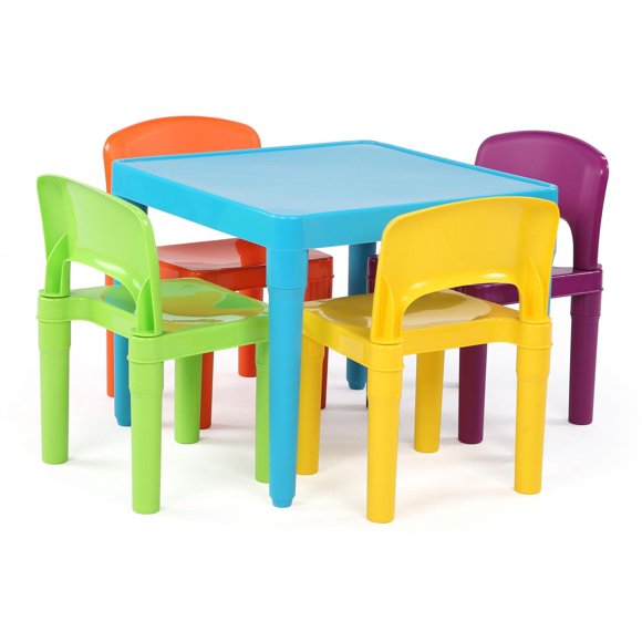 Humble Crew Island Toddler Lightweight Plastic Table and 4 Chairs Set, Square Turquoise Table & Green/Yellow/Purple/Orange Chairs