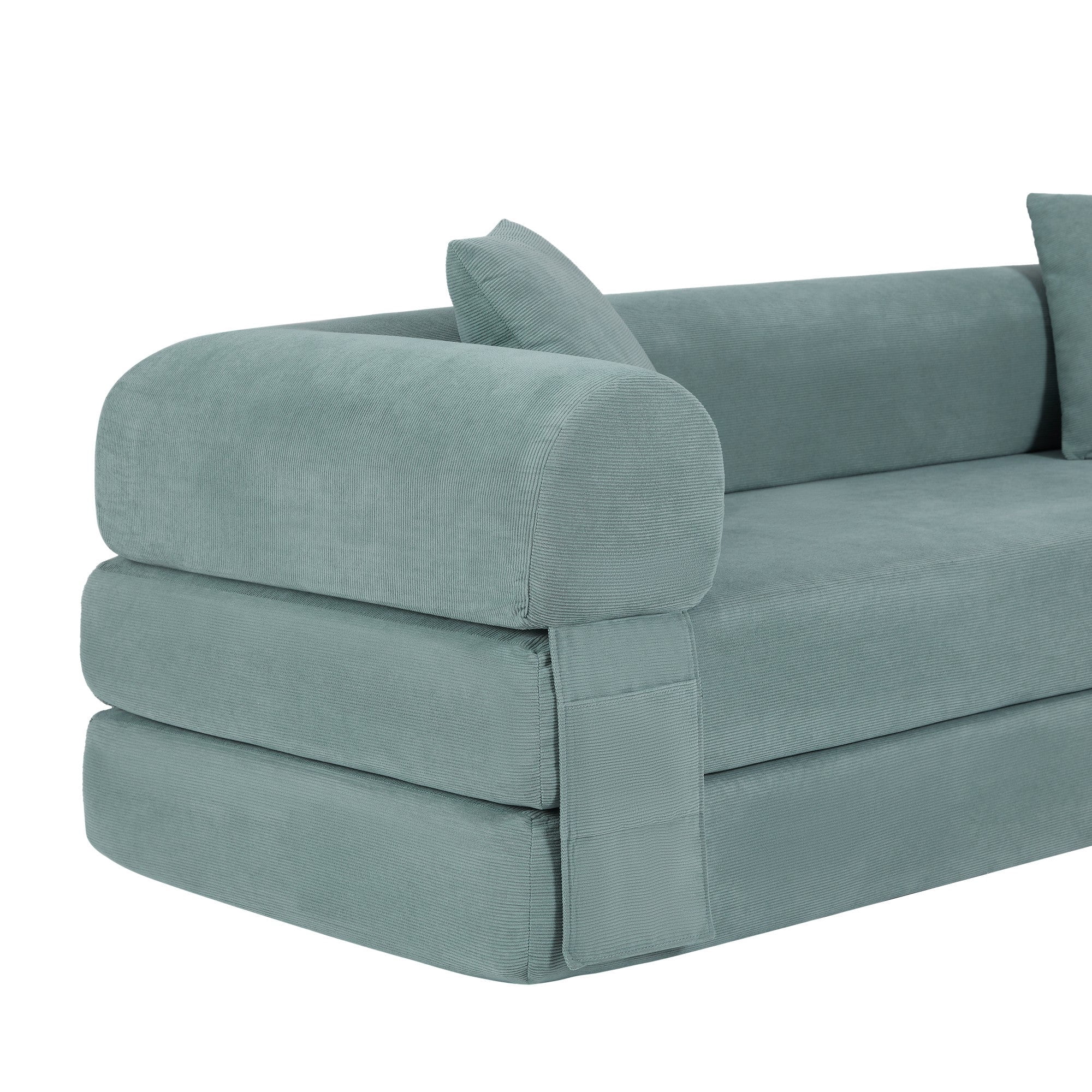 Sailvan 80 Inch Convertible Sofa Bed Queen Size Corduroy Sleeper Couch Boneless Floor Sofa with Storage Pockets No Assembly Couch in a Box Light Green