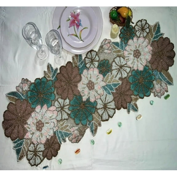 Multicolor Flowers Table Runner, Handmade Beads Table Runner, Dining Table Topper 13X36 Inch