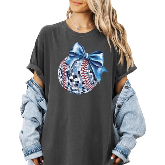Blue Bow Softball Shirt for Player Fan Coach Disco Baseball Oversized Tee for Women and Teen Pepper Shirt Adult Medium