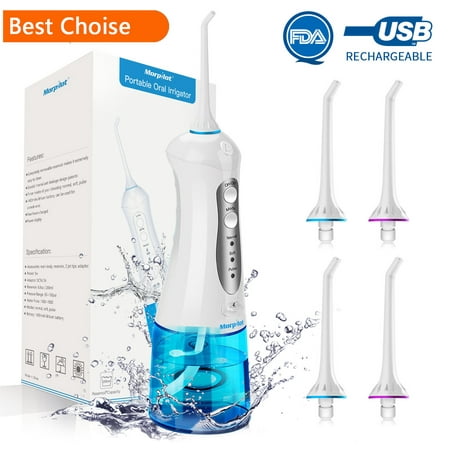 Morpilot Cordless Oral Irrigator Water Flosser Rechargeable Dental Care Water Pick 3 Modes and 200ML Water Tank IPX7 Waterproof Teeth Cleaner with 4 Jet Tips Replacement FDA