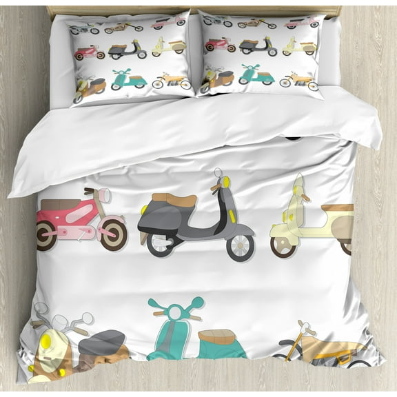 Doodle Queen Size Duvet Cover Set, A Variety of Scooters in Cute and Pleasant Design Bike Riding Wheels Transportation, Decorative 3 Piece Bedding Set with 2 Pillow Shams, Multicolor, by Ambesonne