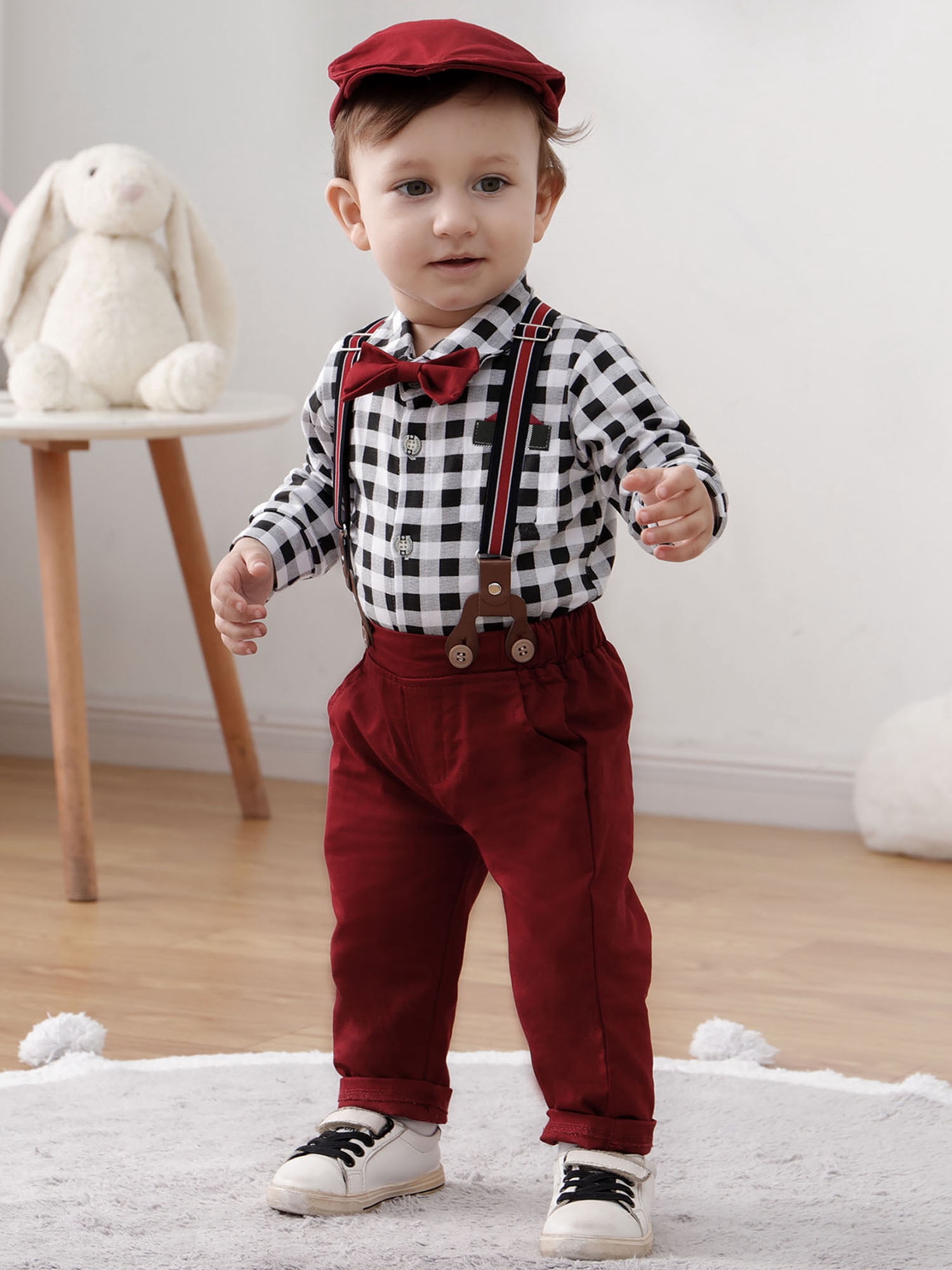 Toddler Baby Boy Clothes Suit 0-18 Months 4pcs Suspender Pants Plaid Shirt Dress Clothes Infant Set