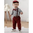 thumbnail image 2 of Toddler Baby Boy Clothes Suit 0-18 Months 4pcs Suspender Pants Plaid Shirt Dress Clothes Infant Set, 2 of 12