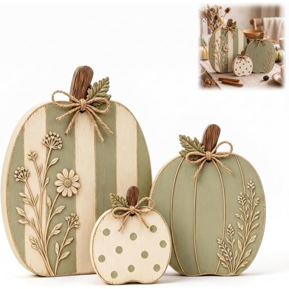 Sage & Cream Raised Wildflower Solid Wood Pumpkin Trio, fall tabletop decor