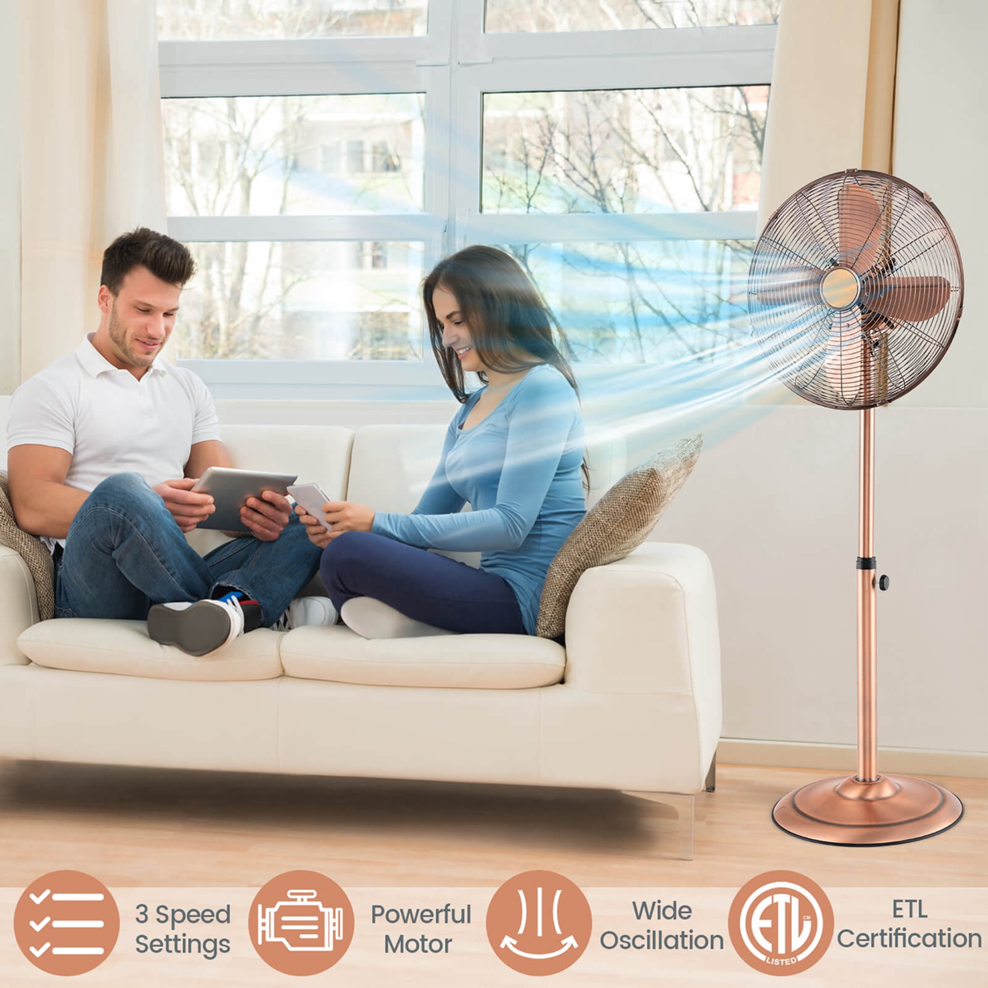 Costway 16" Standing Pedestal Fan with 3 Speed Settings Carrying Handle Aluminum Blades Copper