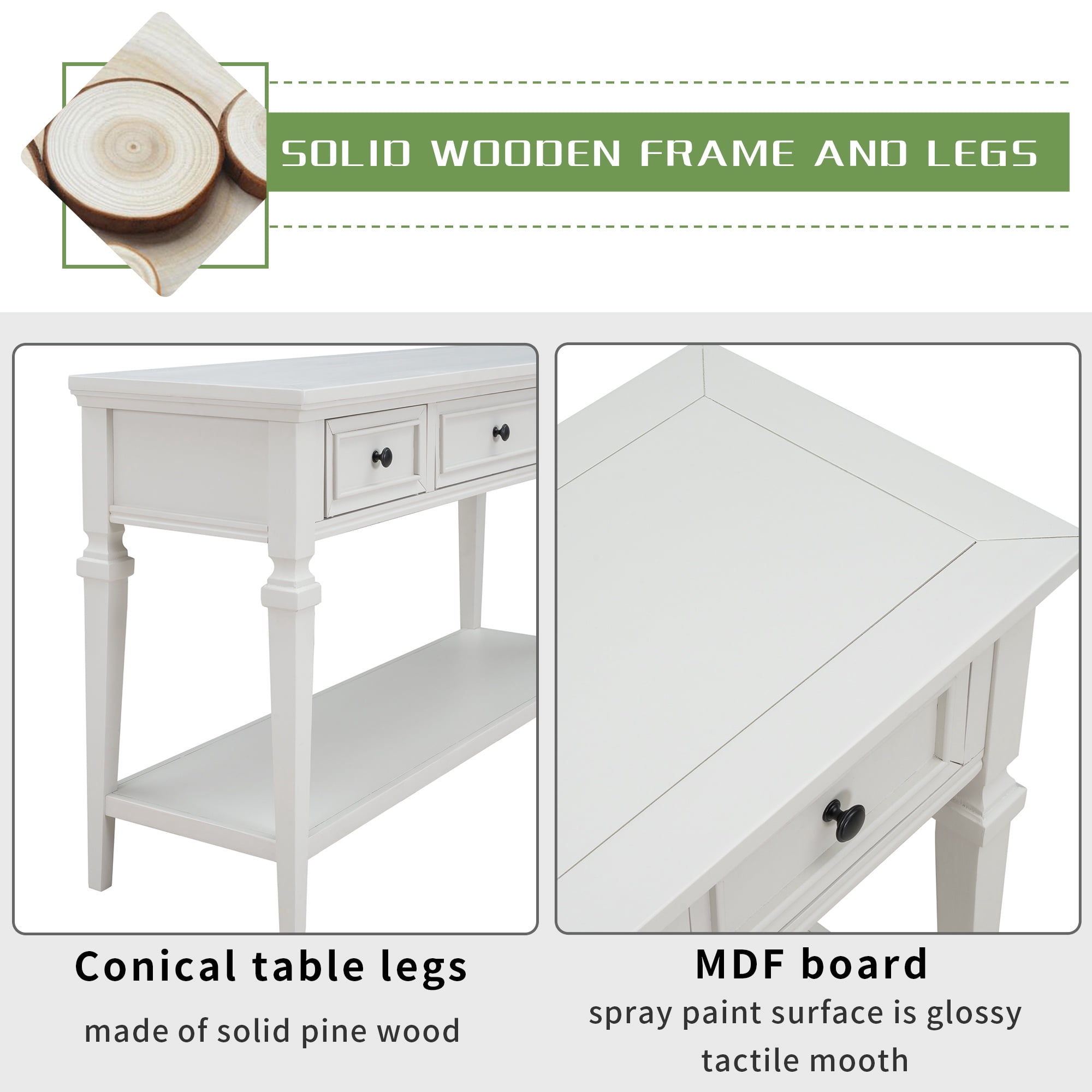 PORKISS 50" Console Table with 3 Storage Drawers, Narrow Long Entryway Table with Bottom Shelf, Vintage Sofa Table with Wood Frame for Living Room Entryway/Hallway/Foyer, Antique White