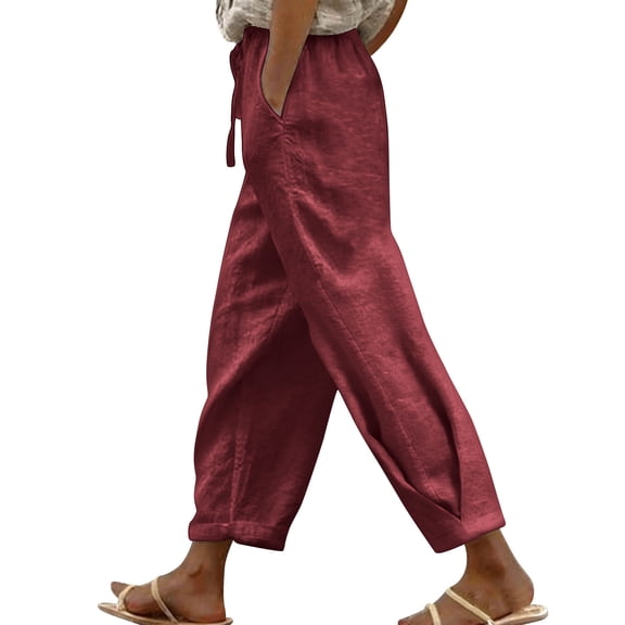 cocolona Womens Summer Casual Loose Linen Pants Solid Color Elastic Waist Drawstring Beach Trousers with Pocket