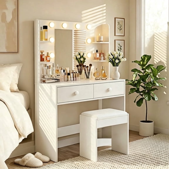 Dayago Vanity Desk with Mirror, Makeup Table with 2 Large Drawers, Power Outlet and Round Holder, 3 Color Modes Adjustable Bulb, White
