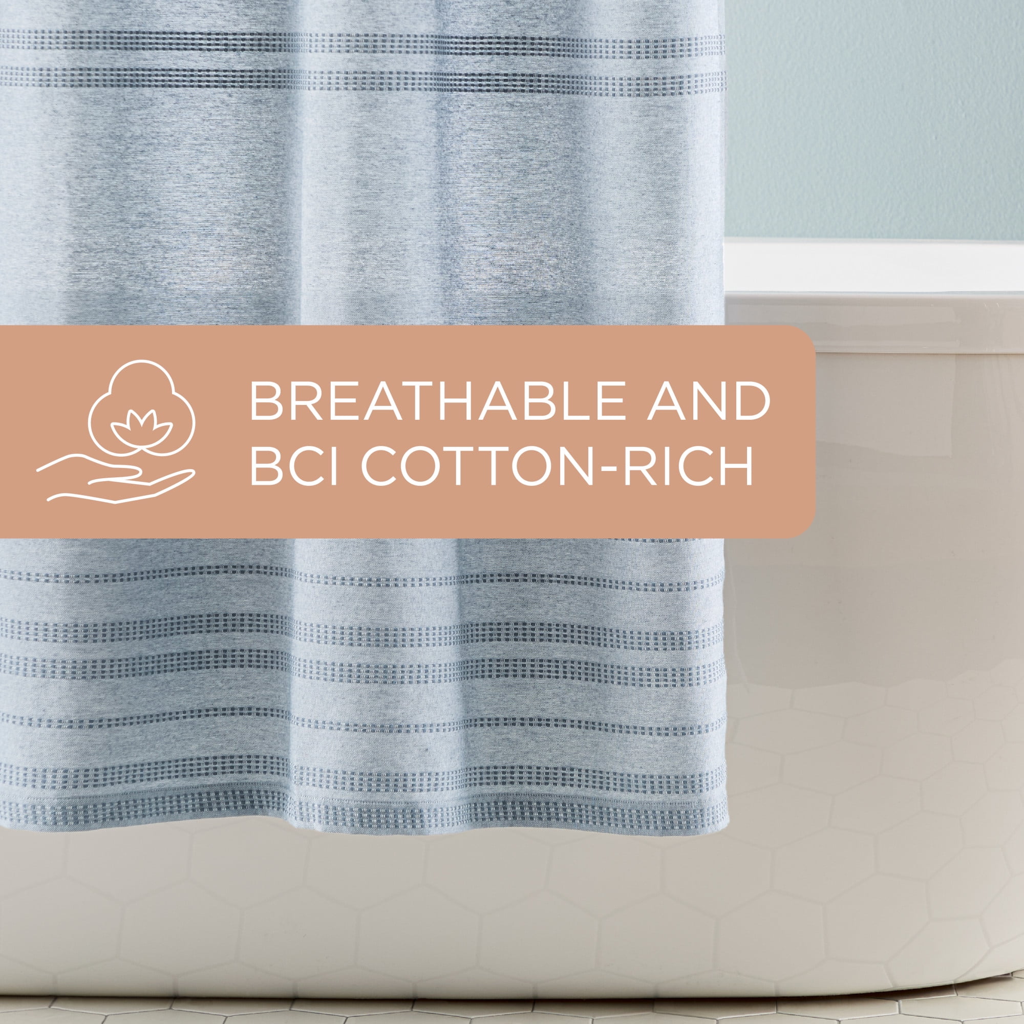 TOWN & COUNTRY EVERYDAY Sophia Textured Solid Cotton-Rich Breathable Fabric Shower Curtain with Reinforced Buttonhole Top Hem, Blue, 70"x72"