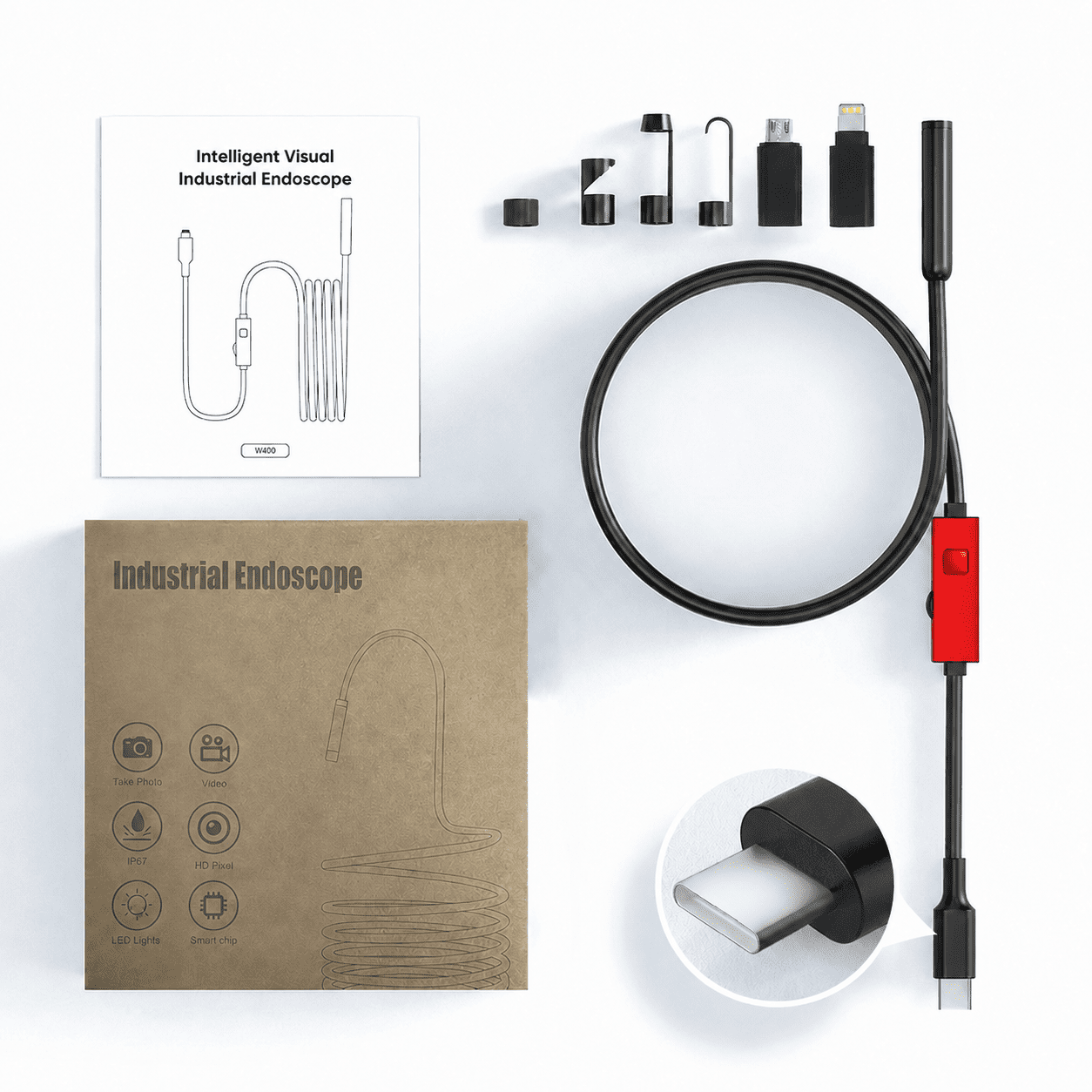 BOGYKIK 1080P HD Endoscope Camera with Light, 16FT Semi-Rigid Snake Camera for iPhone & Android, IP67 Waterproof Borescope Inspection Camera with 8 Adjustable LEDs