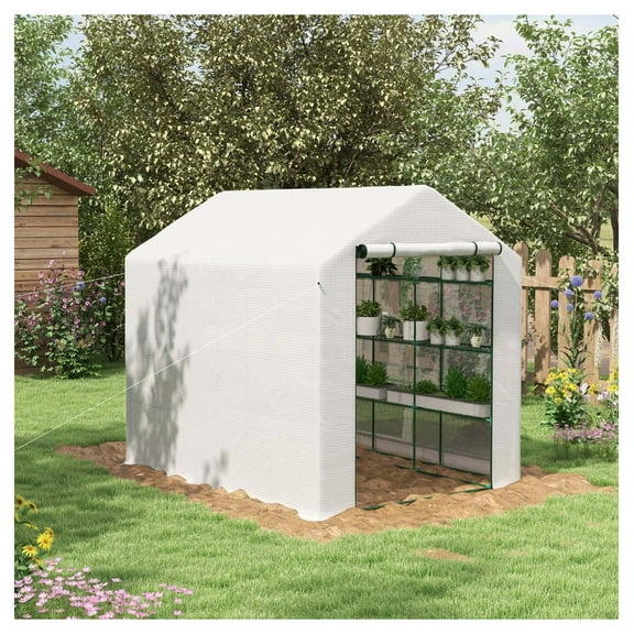 Wqmh 8' x 6' x 7' Walk-in Greenhouse with Mesh Door and Windows, 18 Shelf Green House with Trellis, Plant Labels, UV Protective for Growing Flowers, Herbs, Vegetables, Saplings,White