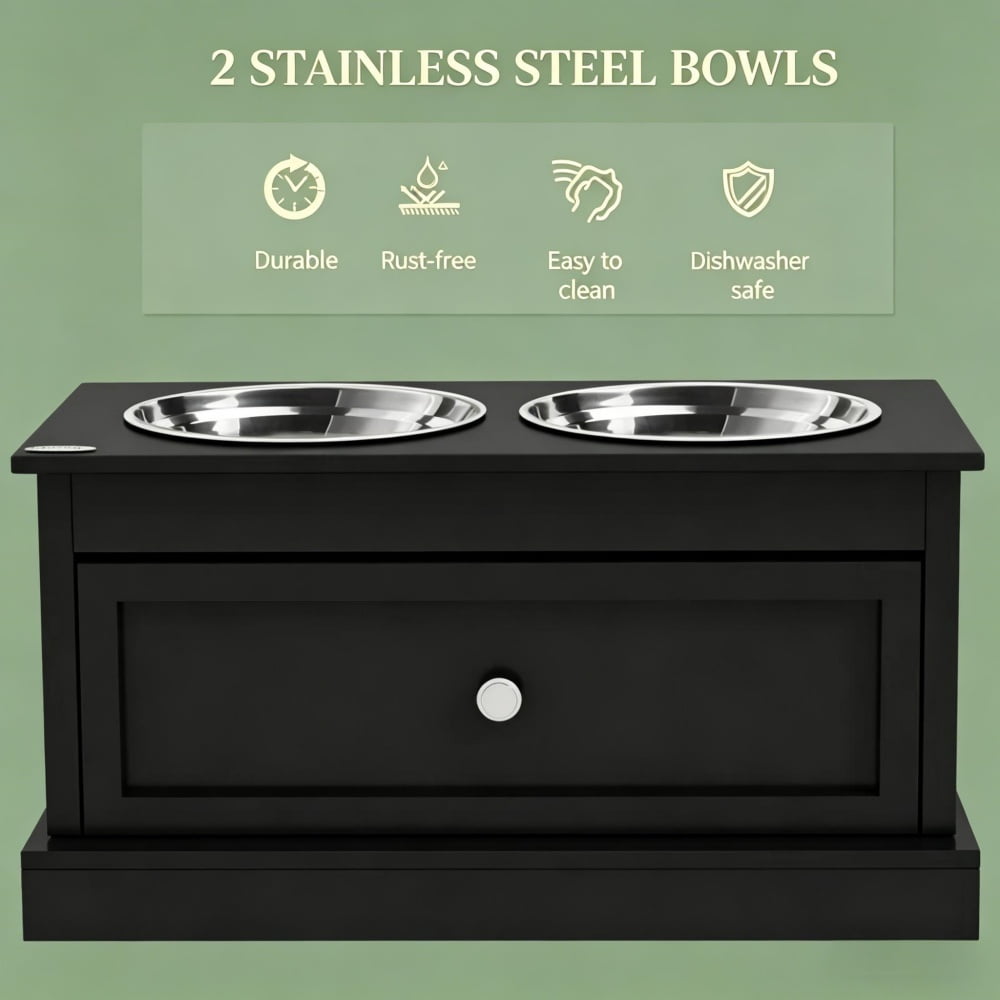 Elevated Dog Bowls with Storage Drawer, Raised Pet Feeder Stand with Dishwasher Safe Stainless Steel Bowls, Modern MDF Feeding Station in Black for Large Dogs