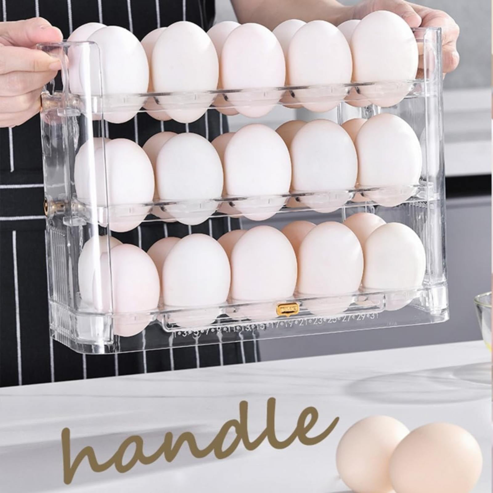 XKHAZA Flippable Egg Holder for Refrigerator, 3 Layer Egg Storage Container for Refrigerator Side Door Auto Flip Tray Egg Storage Container, Saving Eggs Dispenser for Countertop