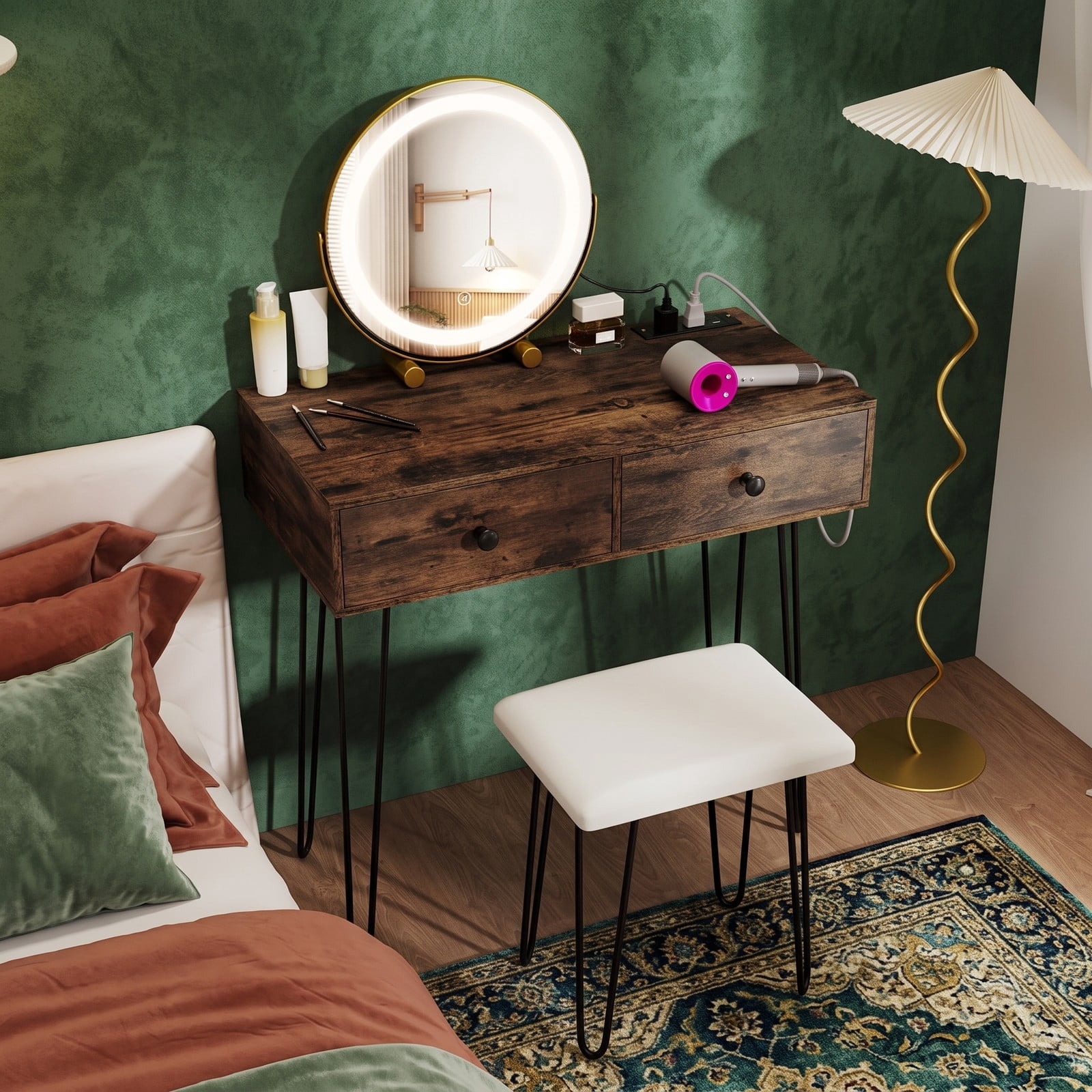 Furnibear Vanity Desk with Lighted Adjustable Mirror, Makeup Dressing Table with 2 Drawers, Outlets and Cushioned Stool for Bedroom, Rustic Brown