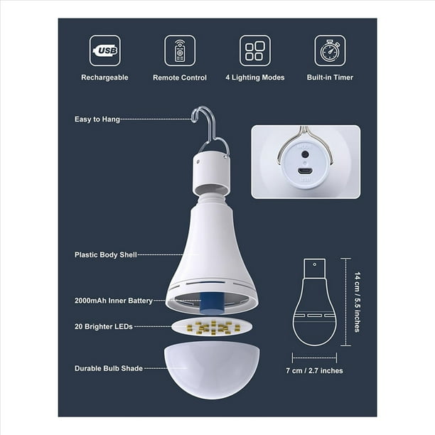 Bombilla Recargable USB con Control Remoto para de Energía en el Hogar, Bombilla LED Colgante con Gancho para Exteriores, Paquete de 4