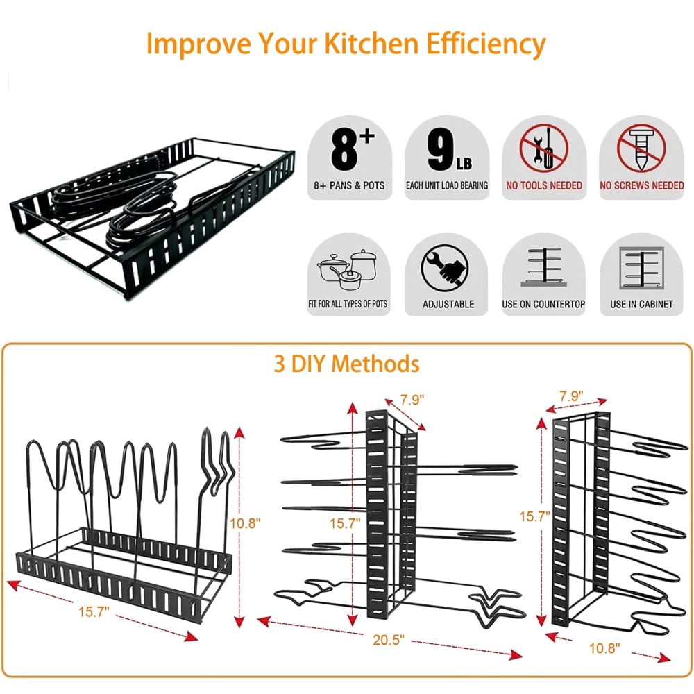 8-Tier Adjustable Pots and Pans Organizer Under Cabinet – Heavy-Duty Kitchen Storage Organization Rack for Cookware, Lids & Cutting Boards – DIY Cabinet Organizer, Under Sink Organizer