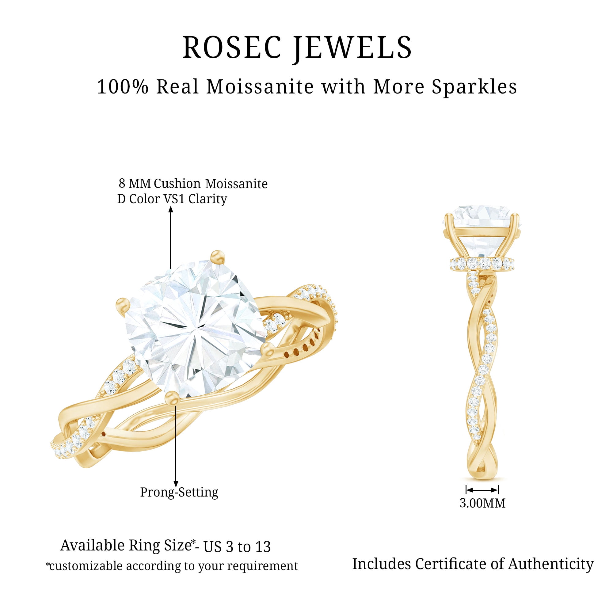 Rosec Jewels Moissanite Solitaire Engagement Ring Cushion Cut - Designer Ring for Women - 8 mm - 3 Carat - D-VS1 Quality, 14K Yellow Gold, US 6.50