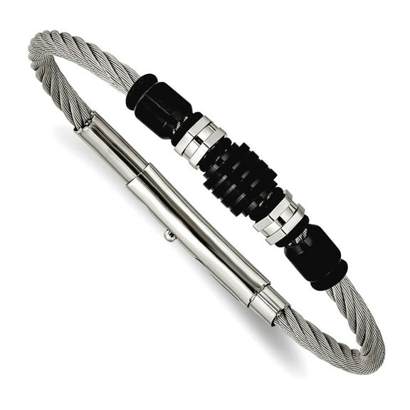 4mm Stainless Steel Brushed and Polished Black Ip Plated And Black Rubber Adjustable 8 To 8.75 Inch Bracelet Link Bracel