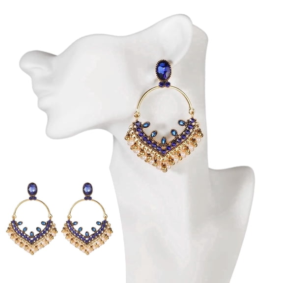 Big Statement Traditional Chandbali Hoop Earrings Blue Crystal & Basra Pearls Ethnic Jewelry
