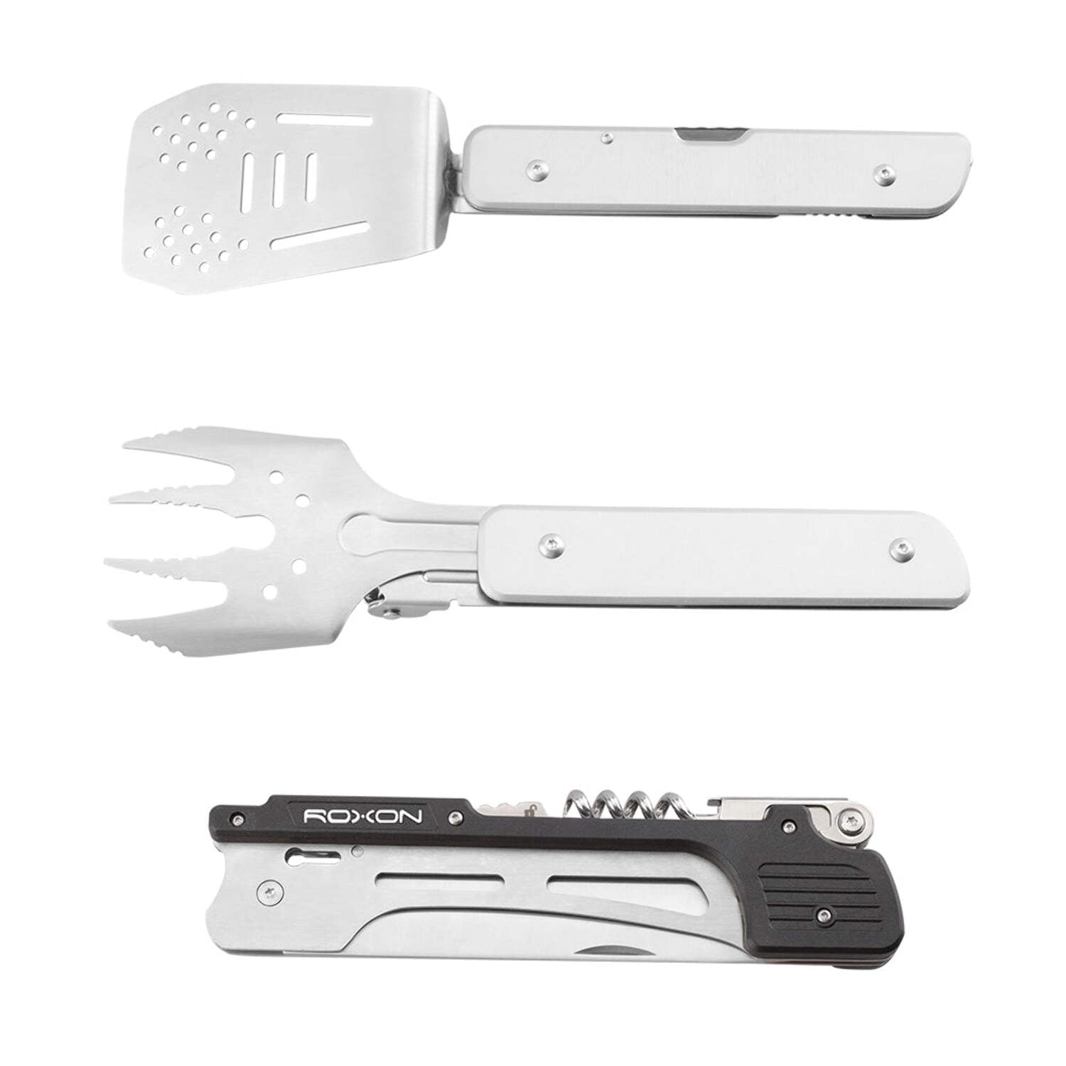 Roxon 6-in-1 Collapsible Grill Multitool - Fork, Spatula, Corkscrew, Knife, Tong for Outdoor Grilling