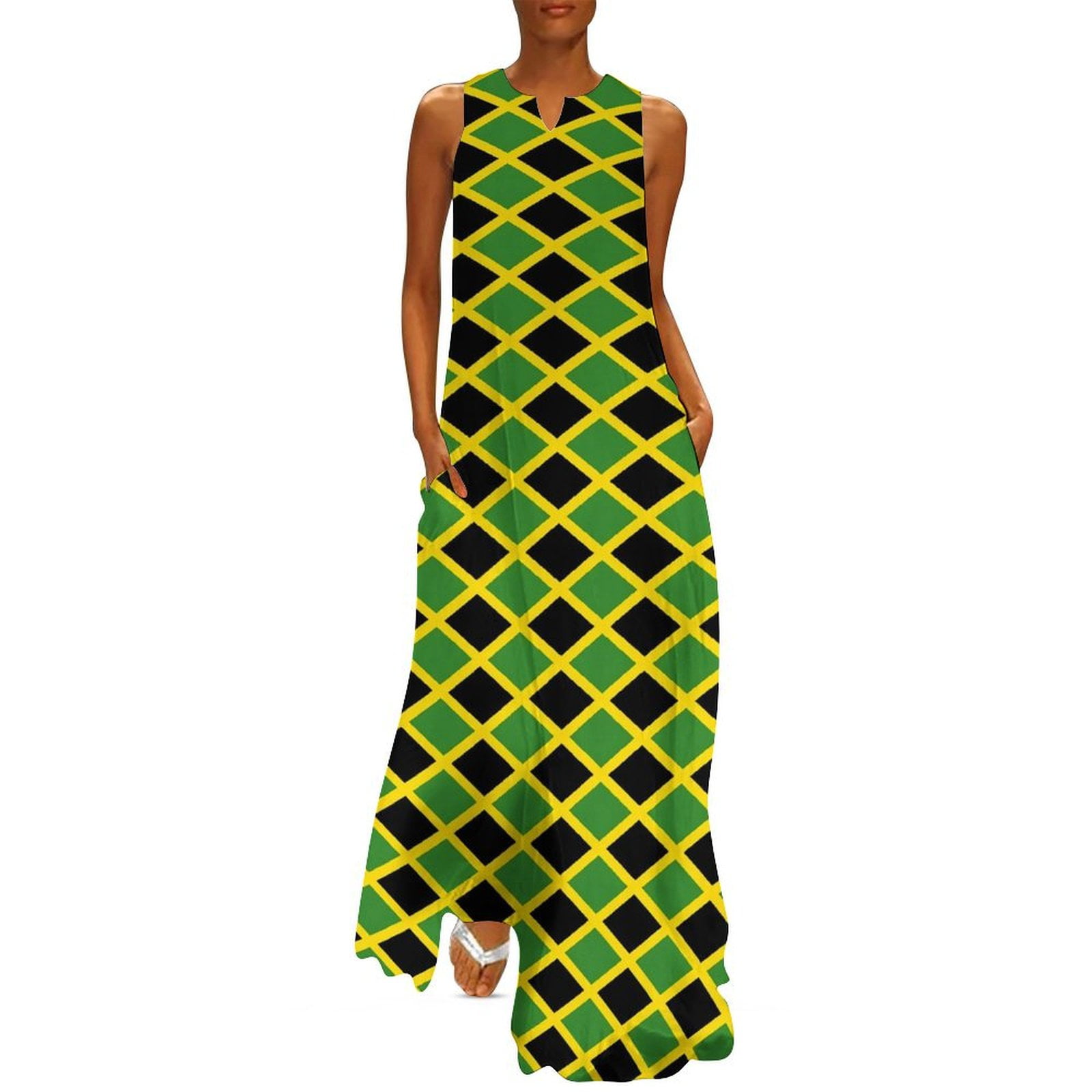 jamaican flag maxi dress Jamaica Flag Proud Jamaicans Women's Casual Strappy V Neck Sleeveless Flowy Loose Long Maxi Beach Dress Sundress