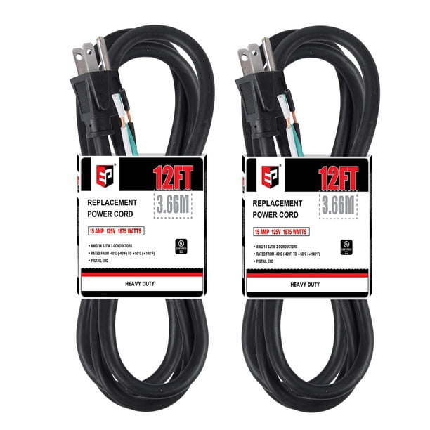 Cable de alimentación EP, paquete de 2 unidades, 12 pies, calibre 14, 15 A, 1875 W, 110-120 V
