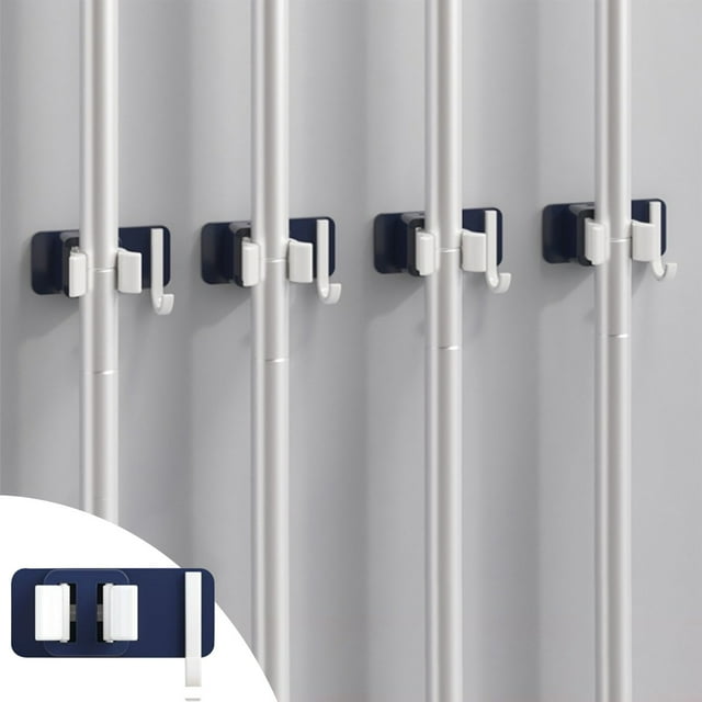 Fiudx Gancho Adhesivo para Trapeador, Organizador de Pared, Instalación Sin Tornillos, Diseño Compacto, Organizador para Baño, Cocina, Armario y Garaje, Juego de 4 Piezas, Azul, Tamaño 8 X 5 X 4,2 Cm