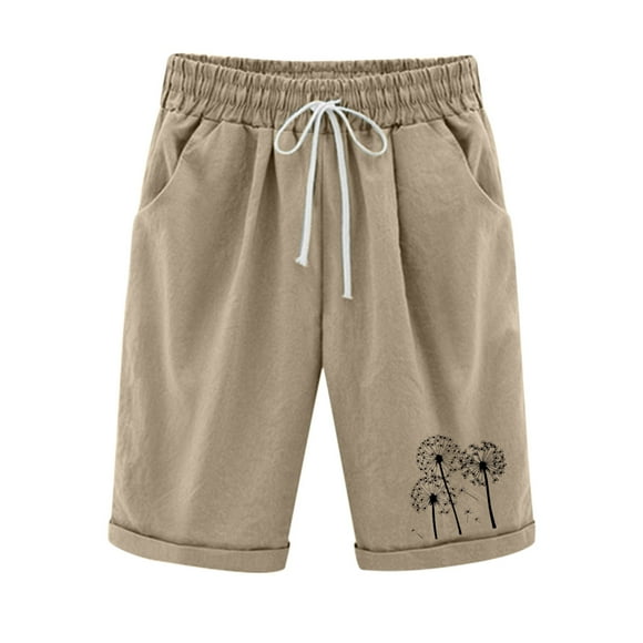 Casual Shorts for Womens Summer High Waisted Cotton Linen Dandelion Print Plus Size Lacing Beach Workout Pocket Lounge Five Point Pants
