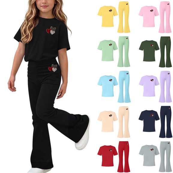 BXJX Girls Outfit Sets Size 8 T, 2PC Short Sleeve Holiday Crew Neck T-Shirts and Flare Pants Sets Black