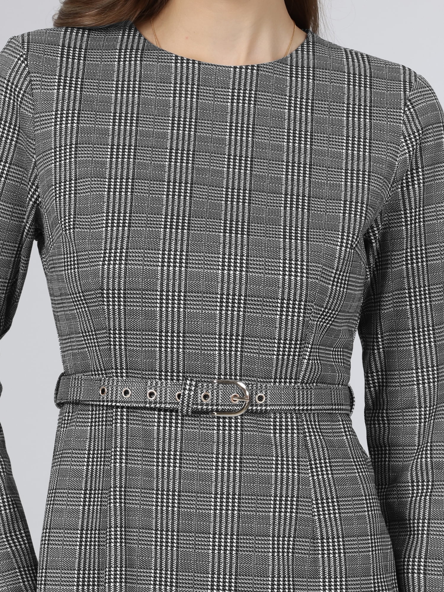 DARING DIVA Women's Houndstooth Long Sleeve Business Office Dress L Grey Black