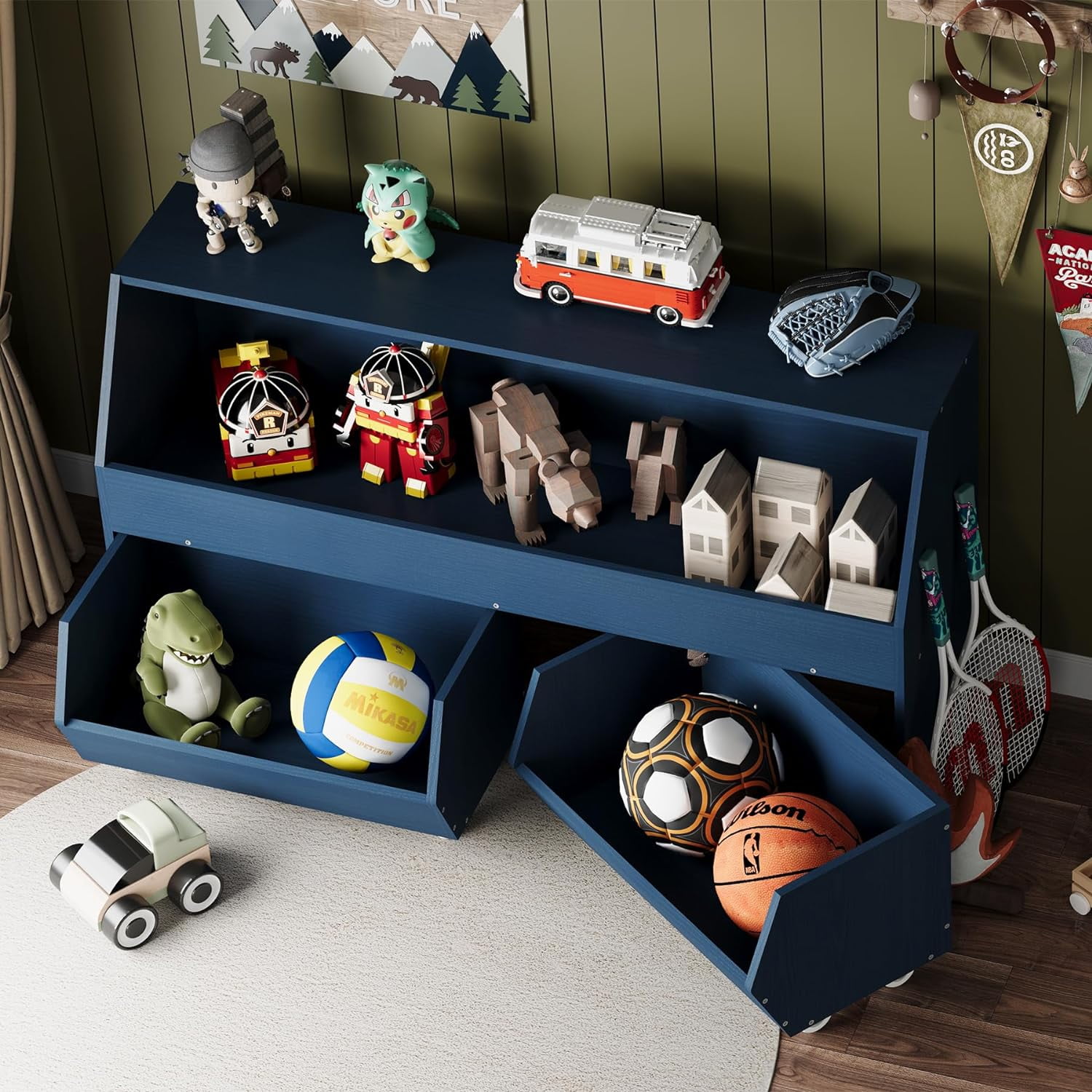 Toy Storage and Organizer  Muti-Functional Bookcase and Storage Bin with Moveable Drawers,2 Ties Storage Carbinet Dark Blue