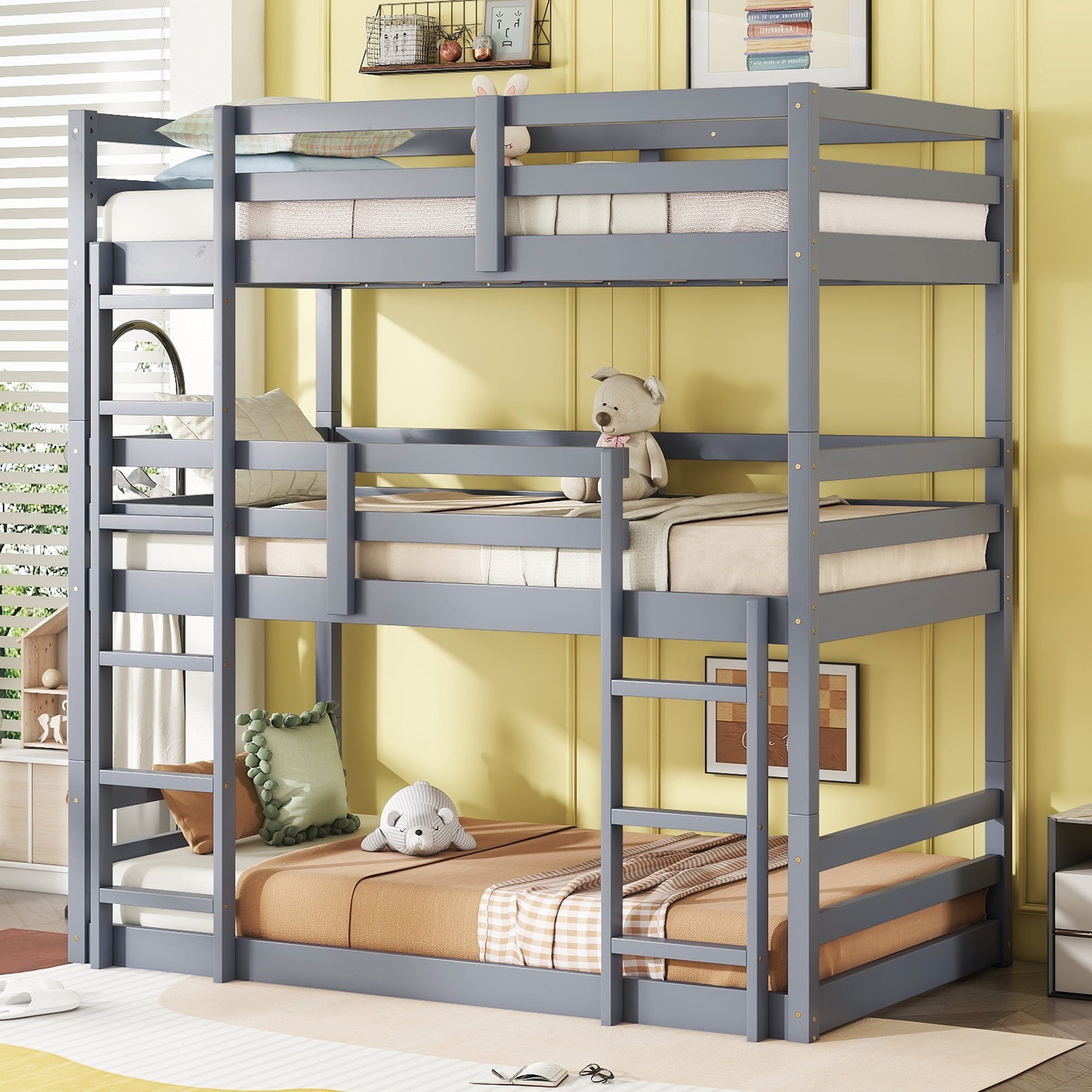 Sailvan Bunk Bed Twin over Twin over Twin with Two Built-in Ladders Guardrails, Wood, Detachable Triple Twin Bunk Bed